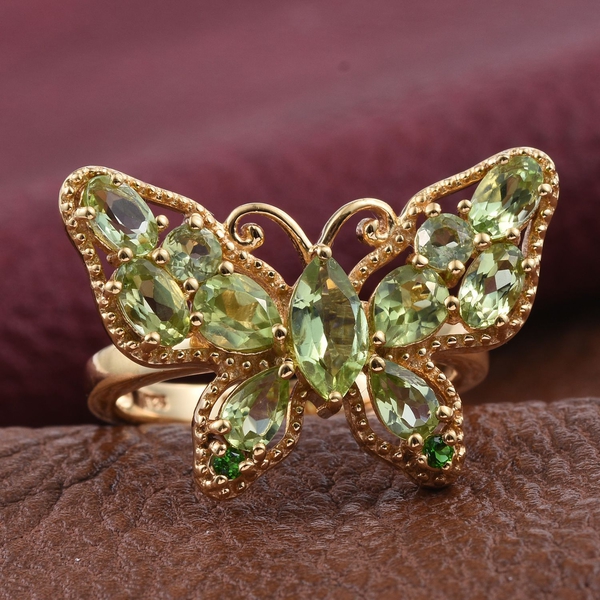 AA Hebei Peridot (Mrq 0.70 Ct), Chrome Diopside Butterfly Ring in 14K Gold Overlay Sterling Silver 3.250 Ct.