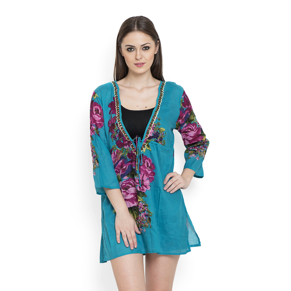 100% Cotton Pink and Multi Colour Flowers Embroidered Teal Green Colour Beach Cover up and Poncho (S
