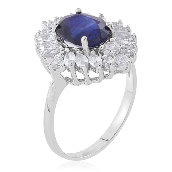 Masoala Sapphire (Ovl 3.70 Ct), Natural White Cambodian Zircon Ring in Rhodium Plated Sterling Silver 6.150 Ct.