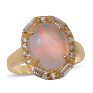 Ethiopian Welo Opal (Oval) and Natural Cambodian Zircon Ring in Yellow Gold Overlay Sterling Silver 