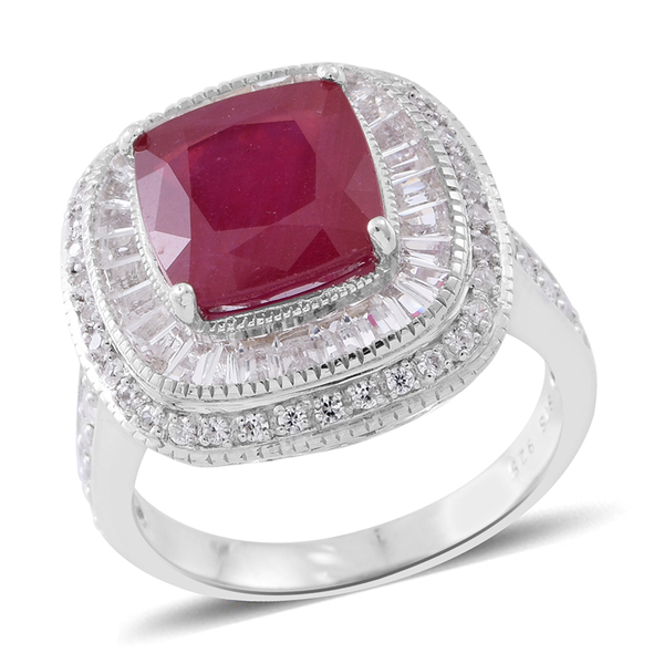 9.5 Ct African Ruby and White Topaz Halo Ring in Rhodium Plated Silver 7 Grams