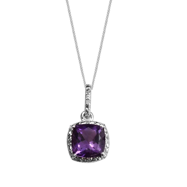 Uruguay Amethyst (Cush), Diamond Ring, Stud Earrings (with Push Back) and Pendant With Chain in Platinum Overlay Sterling Silver 4.980 Ct.