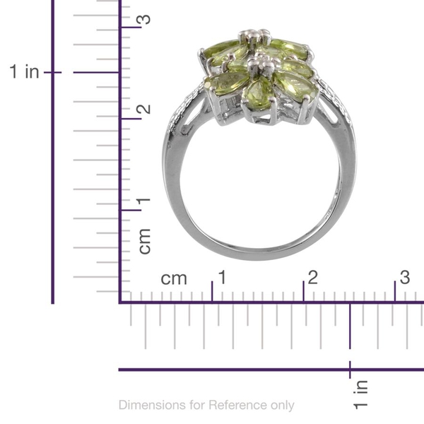 Hebei Peridot (Pear), White Topaz Twin Floral Ring in Platinum Overlay Sterling Silver 3.650 Ct.
