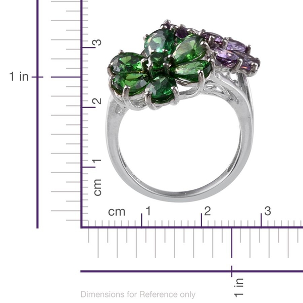 AAA Simulated Amethyst (Pear), Simulated Emerald Twin Floral Ring in ION Plated Platinum Bond