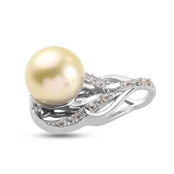 Royal Bali Collection- Golden South Sea Pearl and Natural Cambodian Zircon Pendant in Platinum Overlay Sterling Silver