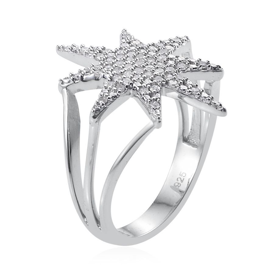 Diamond Star Silver Ring 0.33 Carat in Platinum Overlay.