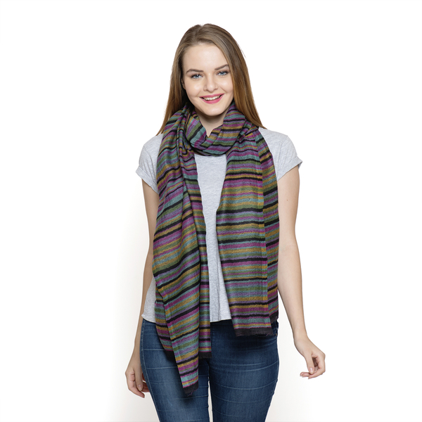 88% Merino Wool and 12% Silk Black, Purple and Multi Colour Stripe Pattern Shawl with Fringes at the