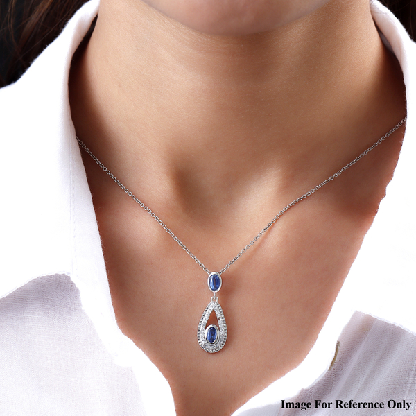 Kashmir Kyanite and Natural Cambodian Zircon Pendant in Platinum Overlay Sterling Silver 1.56 Ct.