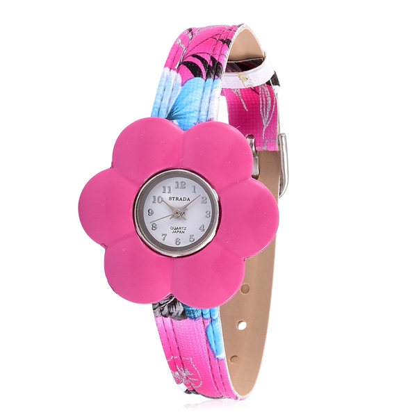 STRADA Japanese Movement White Dial Water Resistant Watch in Silver Tone with 6 Interchangeable Floral Bezel and Strap Purple, White, Pink, Blue, Cream and Black Colour in a Box