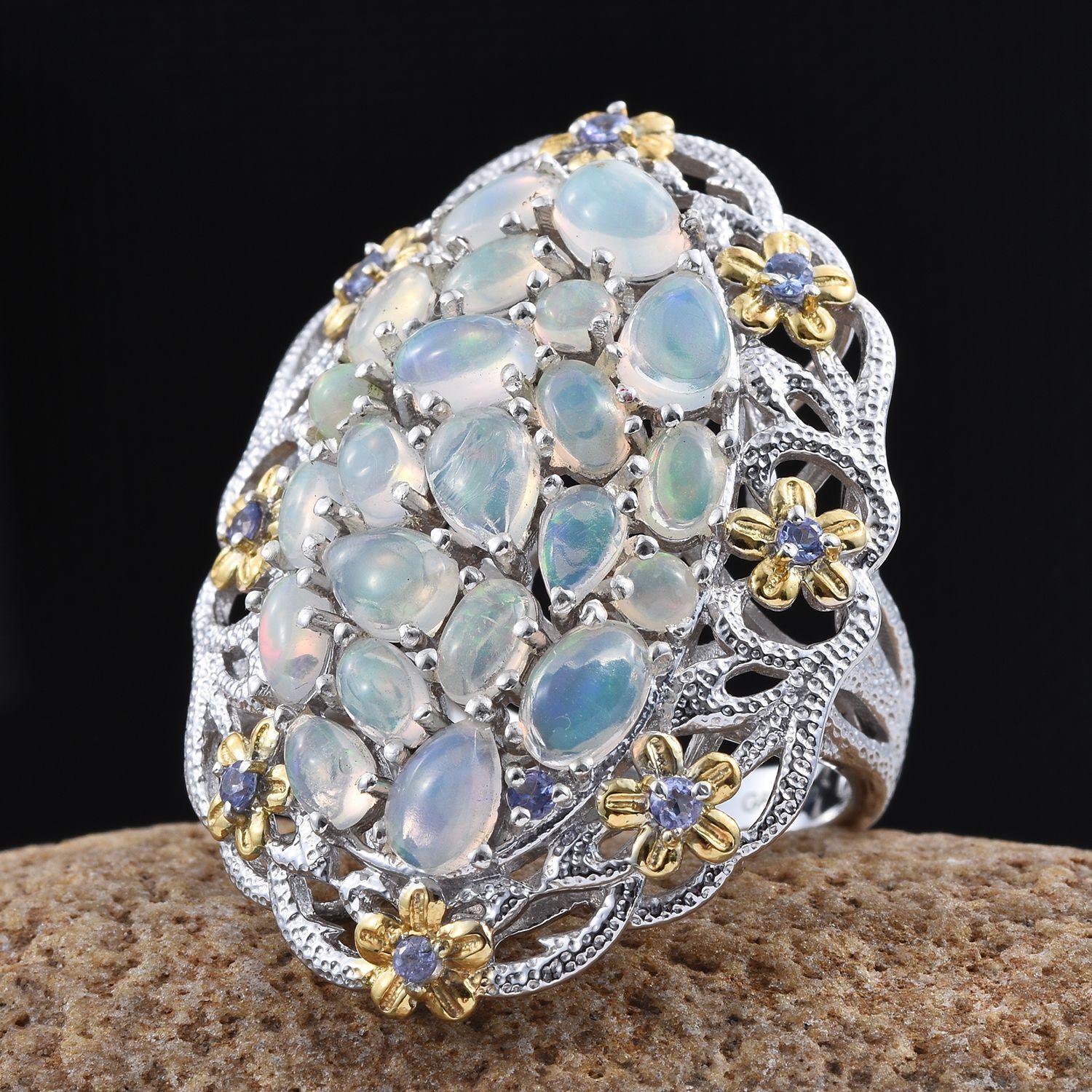 GP Ethiopian Welo Opal (Ovl), Tanzanite and Kanchanaburi Blue Sapphire Ring in Platinum Overlay Sterling Silver 4.250 Ct.