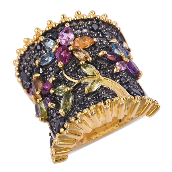 Designer Inspired- Multi Gemstone Flower and Leaves Ring in Black and 14K Gold Overlay Sterling Silv