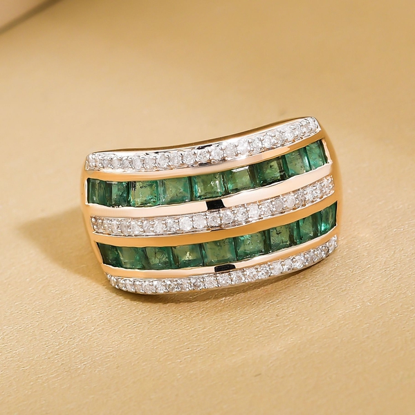 9K Yellow Gold Boyaca Colombian Emerald and Diamond Ring 2.00 Ct.