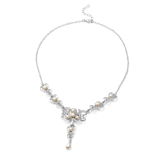 White Freshwater Pearl and White Austrian Crystal Necklace (Size 20) in Silver Tone