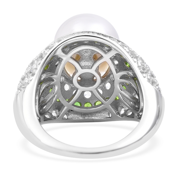 White South Sea Pearl (Rnd), Chrome Diopside and Natural White Cambodian Zircon Ring in Rhodium Overlay Sterling Silver, Silver wt 7.24 Gms