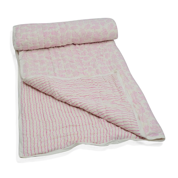 100% Cotton Hand Block Printed Pink Colour Elephant and Stripe Printed White Colour Quillow (Size 22