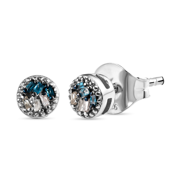 Blue and White Diamond Stud Earrings in Sterling Silver