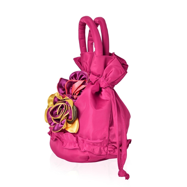 Handmade 3D Rose Embellished Fuchsia Bucket Design Bag (Size 21X14.5X11.5 Cm)