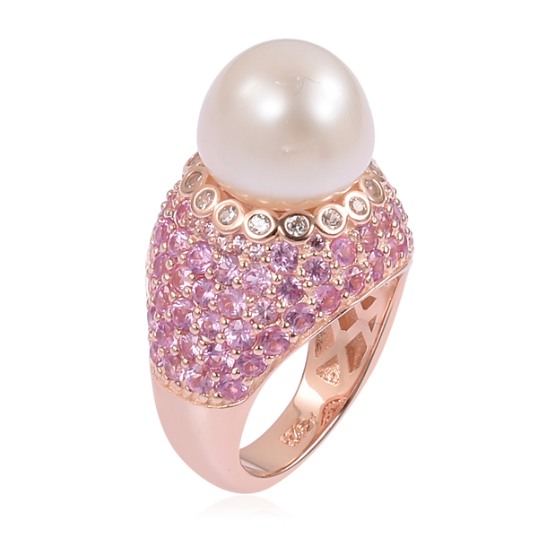 Designer Inspired- South Sea White Pearl (11mm- 12mm), Natural White Cambodian Zircon and Pink Sapphire (4.00 Cts ) Ring in 14K Rose Gold Overlay Sterling Silver, Silver wt 7.11 Gms.