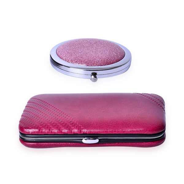 Dark Pink Colour Minicare Kit (6 Pcs) and Pink Colour Compact Mirror in Stainless Steel