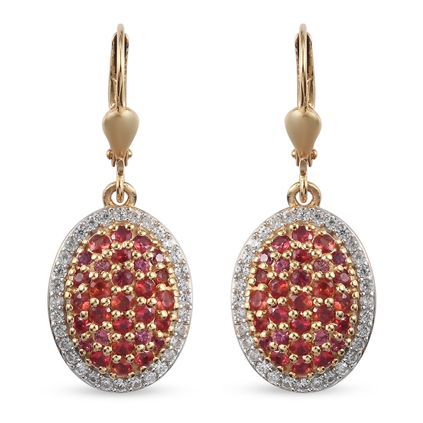 Red Sapphire and Natural Cambodian Zircon Cluster Earrings (with Lever Back) in 14K Gold Overlay Ste