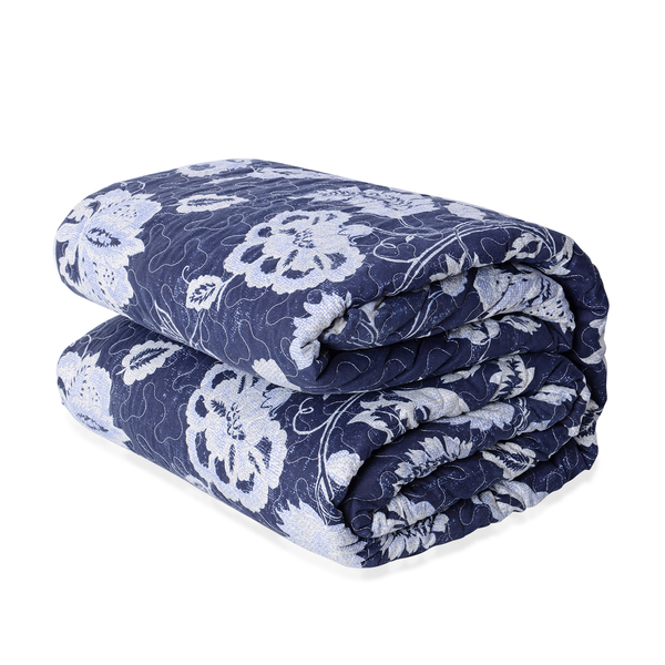 High-quality Printed Microfibre and Sherpa with White Floral Pattern Quilt (Size 240x180Cm) with Blue Colour