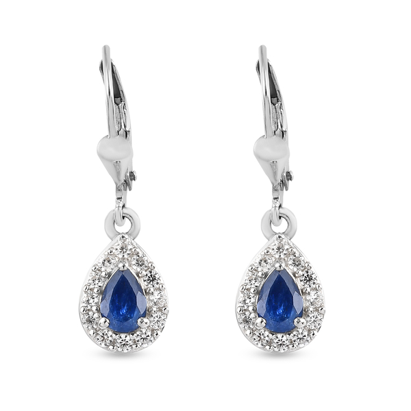 Natural Blue Sapphire and Natural Cambodian Zircon Lever Back Earrings in Platinum Overlay Sterling 