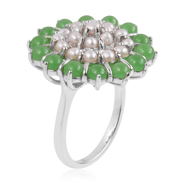 Designer Inspired-Freshwater Pearl (Rnd), Green Jade Ring in Rhodium Plated Sterling Silver 5.800 Ct. Silver wt 6.00 Gms.
