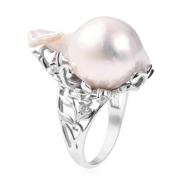 Baroque Fresh Water Pearl and Natural Cambodian White Zircon Ring in Rhodium Overlay Sterling Silver, Silver wt 5.25 Gms