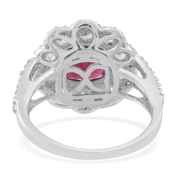 African Ruby (Cush 3.50 Ct), Natural Cambodian  Zircon Ring in Rhodium Plated Sterling Silver 5.000 Ct.No Of Zircons 86