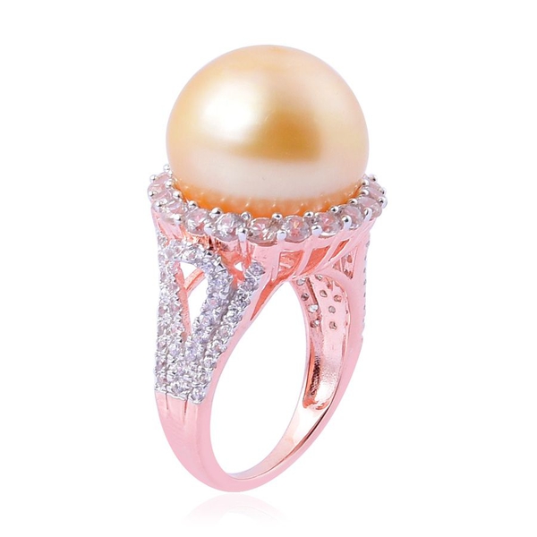South Sea Golden Pearl (Rnd 22.25 Ct), White Zircon Ring in Rose Gold Overlay Sterling Silver 25.000 Ct.