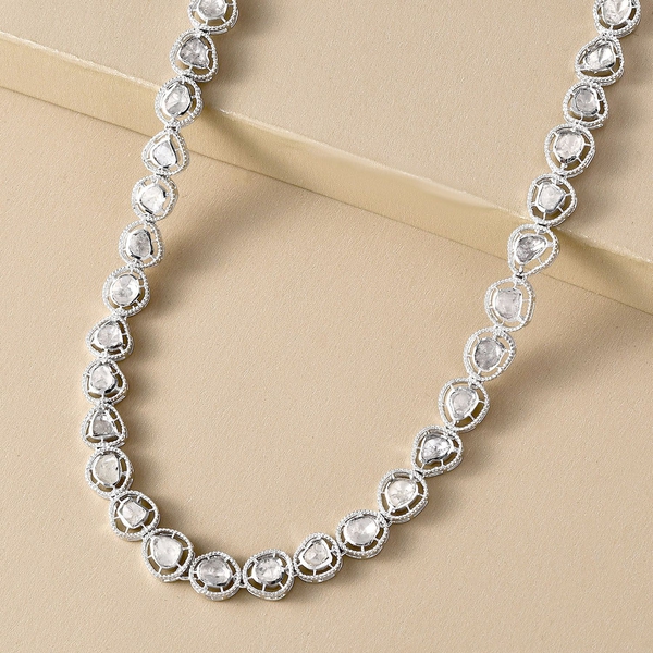 Artisan Crafted Polki Diamond Necklace (Size - 16 and 4 Inch Extender) in Platinum Overlay Sterling Silver,  Silver Wt. 19.47 Gms