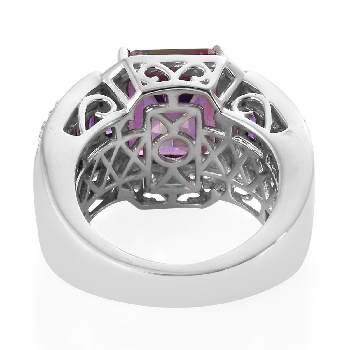 Lulaby Mystic Topaz (Oct), Amethyst, Natural Cambodian Zircon Ring in Platinum Overlay Sterling Silver 7.500  Ct, Silver wt; 8.40 Gms.