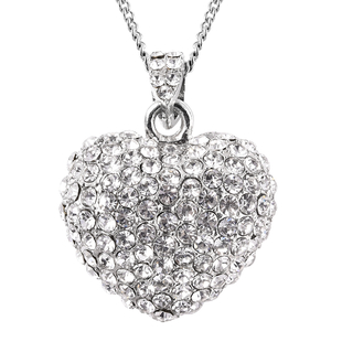 White Austrian Crystal Heart Necklace (Size 20 with 2 inch Extender) in Silver Tone