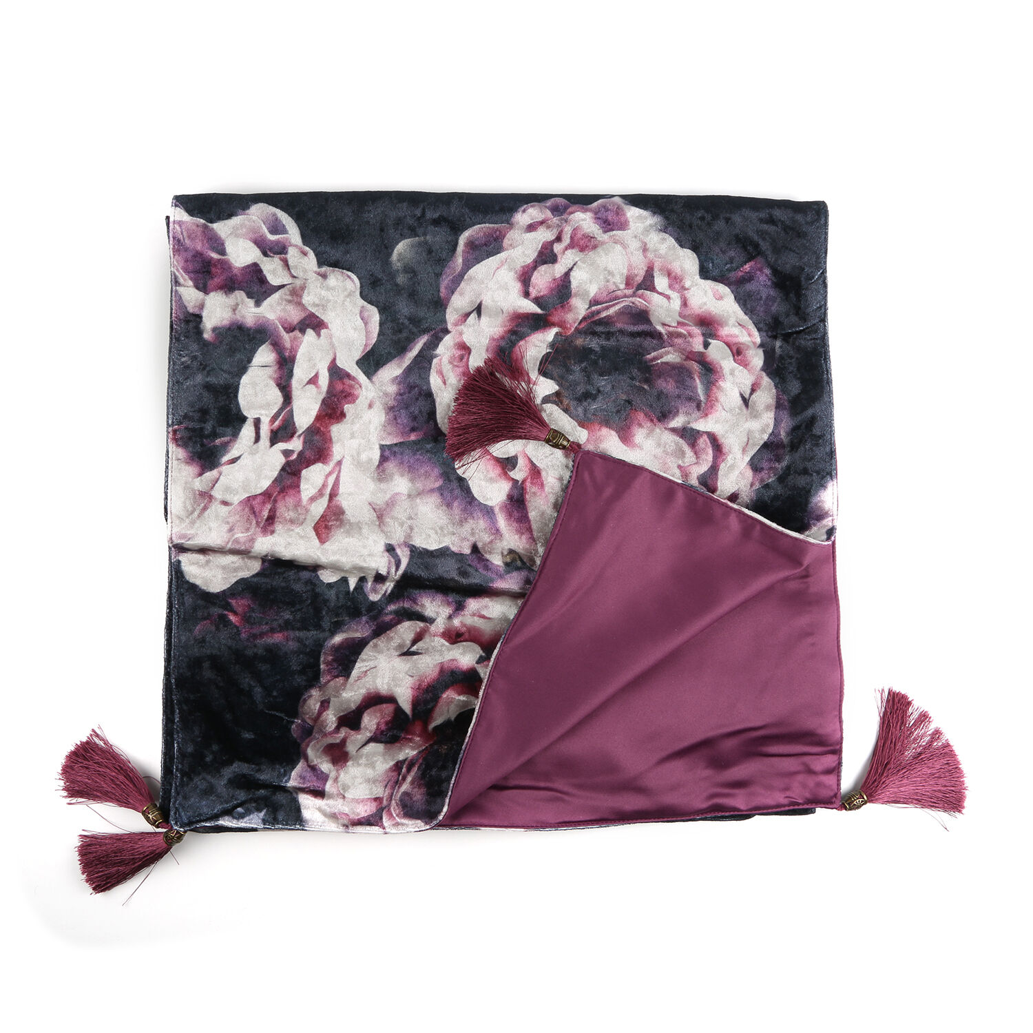 Sateen Lined Crushed Velvet Table Runner with Gardenia Print and Tassels (Size 40x160 cm)