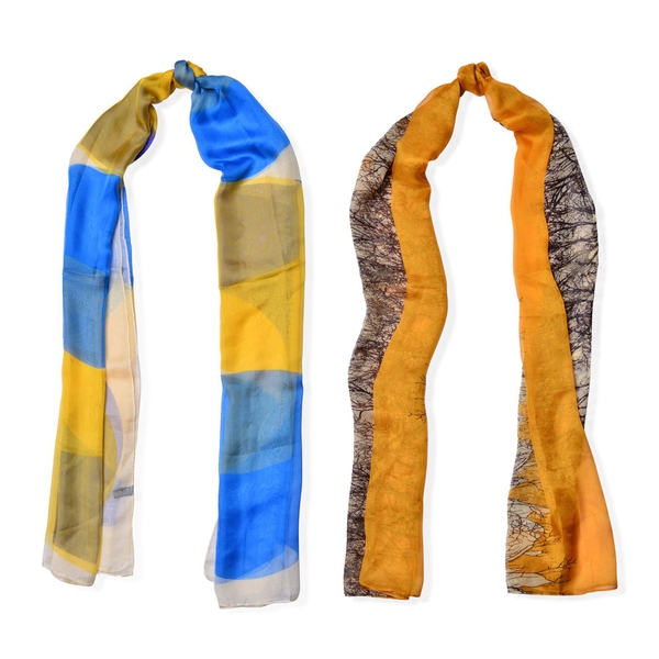 Set of 2 - Designer Inspired Tree Pattern Blue, White and Yellow Colour Printed Scarf (Size 175x70 Cm)