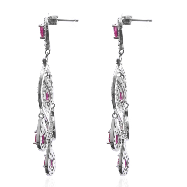 ELANZA Simulated Ruby (Pear), Simulated Diamond Chandelier Earrings (with Push Back) in Rhodium Overlay Sterling Silver, Silver wt 9.17 Gms.