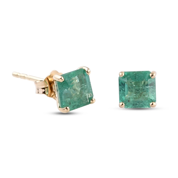 9K Yellow Gold AAA Kagem Zambian Emerald Solitaire Stud Earrings (with Push Back) 1.05 Ct.