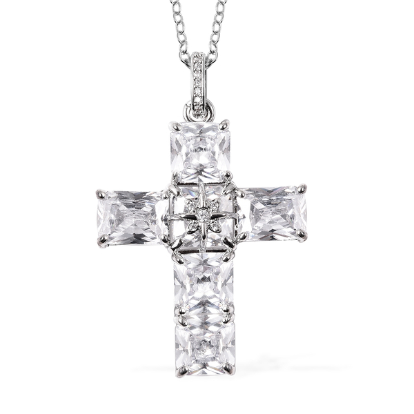 2 Piece Set - Simulated Diamond Ring and Cross Pendant with Chain (Size 20 with 3 inch Ext.) in Silver Tone