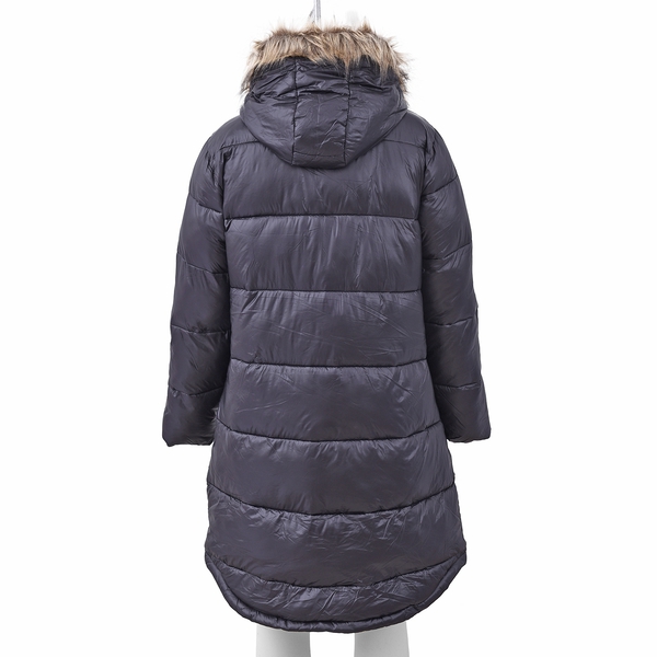 Limited Available- Ladies Long Puffer Jacket with Faux Fur Trim Hood and Two Pockets (Size XX L , 18-20) - Black