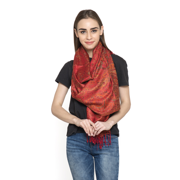 SILK MARK - 100% Superfine Silk Red, Yellow and Multi Colour Jacquard Jamawar Scarf with Fringes at 