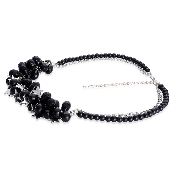 Black Glass and Simulated Stone Necklace (Size 18) in Silver Tone