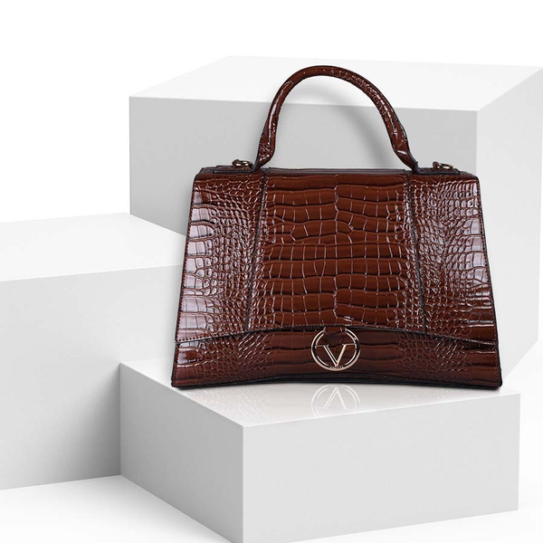 19V69 ITALIA by Alessandro Versace Crocodile Pattern Satchel Bag with Detachable Stap and Metallic Clasp Closure (Size 35x23.5x13cm) - Brown