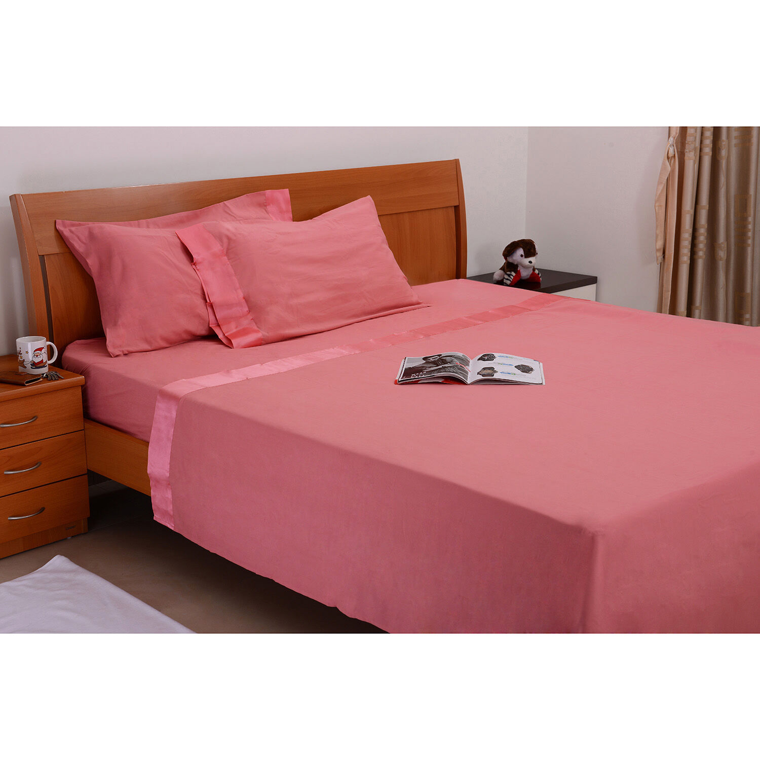 Peach Colour One Fitted Double Bed Sheet (Size 78x54 Inch), One Flat Sheet (Size 102x90 Inch) and Tw