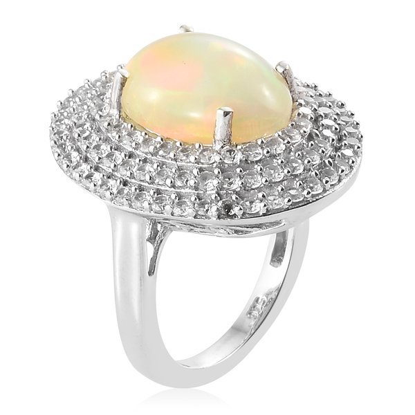 Limited Edition- Extremely Rare Ethiopian Welo Opal (Ovl 14x10 mm, 4.00 Ct), Natural Cambodian Zircon Ring in Platinum Overlay Sterling Silver 6.000 Ct, Silver wt 5.73 Gms,