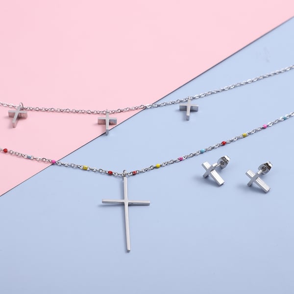 2 Piece Set - Cross Enamelled Necklace (Size 20 With 2 Inch Extender) and Earrings (With Push Back) in Silver Tone