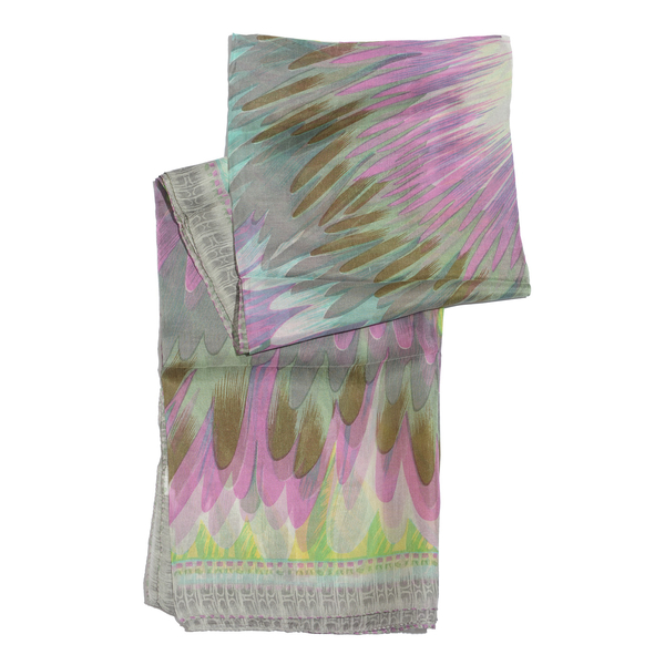 100% Mulberry Silk Green, Pink and Multi Colour Abstract Pattern Grey Colour Scarf (Size 180x100 Cm)