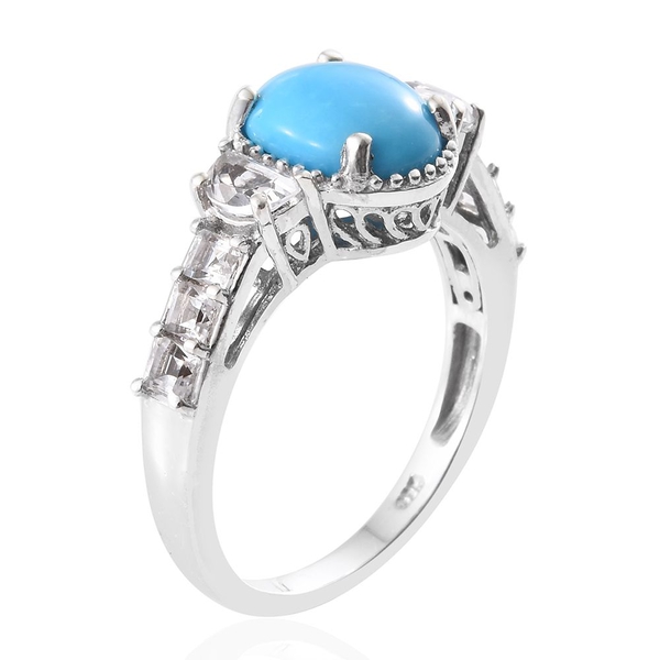 AAA Arizona Sleeping Beauty Turquoise (Ovl 2.25 Ct), D_Shape White Topaz Ring in Platinum Overlay Sterling Silver 3.585 Ct.