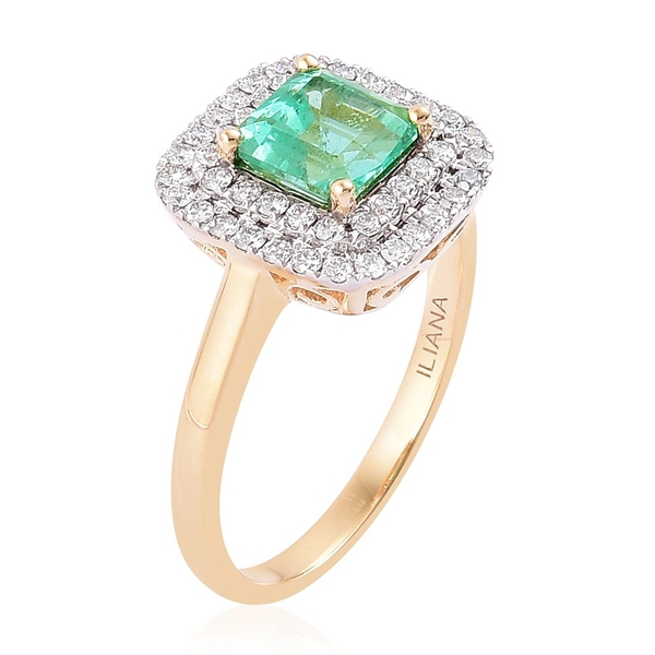 ILIANA 18K Yellow Gold 1.75 ct. AAA Colombian Emerald Halo Ring with Diamond SI G-H