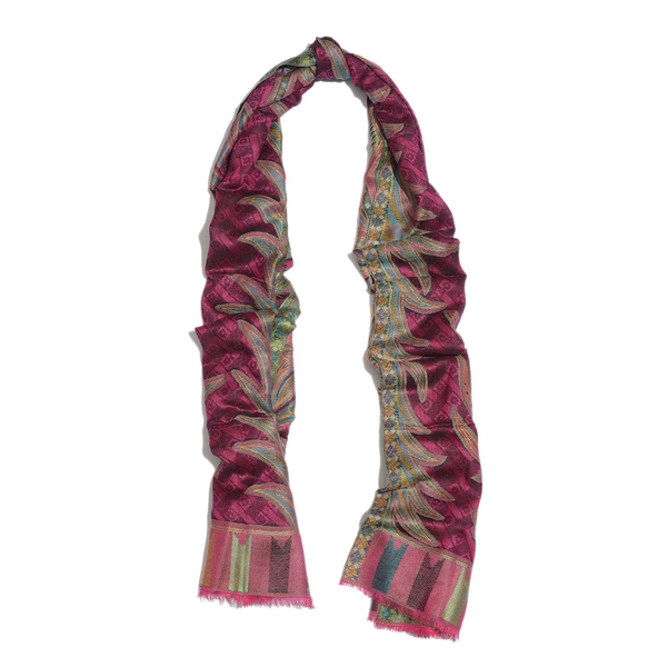 100% Modal Multi Colour Floral and Leaves Pattern Fuchsia and Green Colour Jacquard Scarf (Size 190x70 Cm)