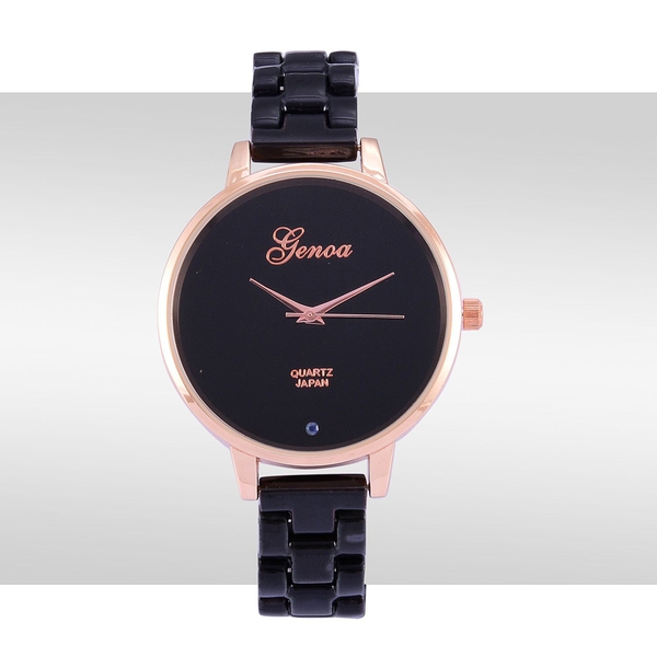 Blue Sapphire studded GENOA Black Ceramic Japanese Movement Black Dial Water Resistant Watch in Rose Gold Tone with Stainless Steel Back